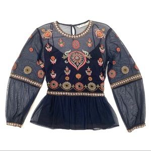 Embroidered Mesh Balloon Sleeve Peplum Boho Top